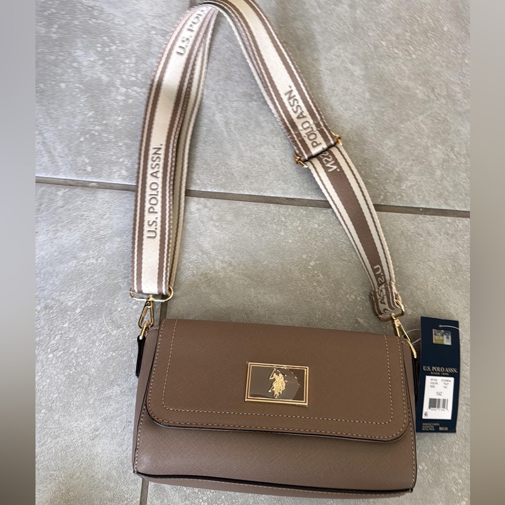 BRAND NEW WITH TAG U.S. Polo Assn. Taupe Crossbody Bag with Strap and Gold Logo
